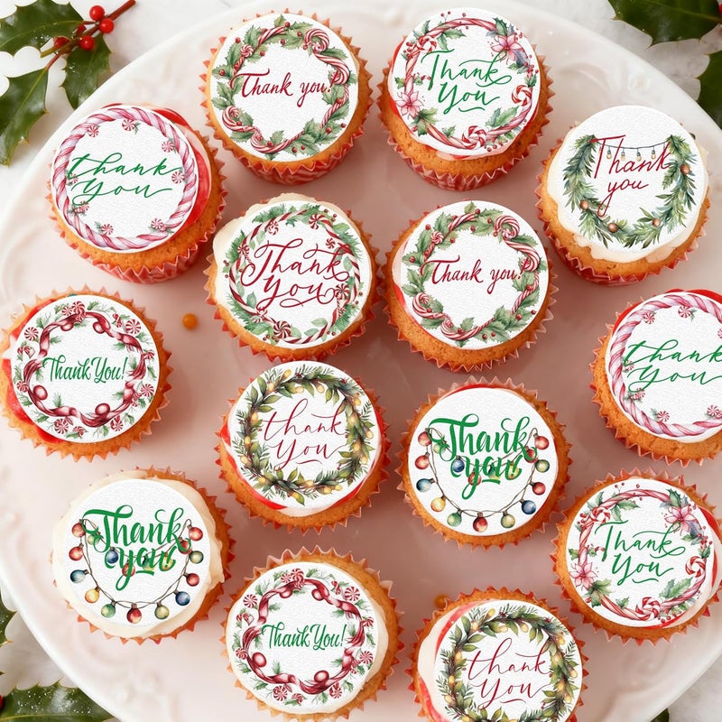 Fyeoxle 36PCS Edible Christmas Thank You Cupcake Toppers Wafer Paper Holly Jolly Candy Cupcake Toppers Thank You Cake Picks for Christmas Theme Party Baby Shower Birthday Supplies - Image 5